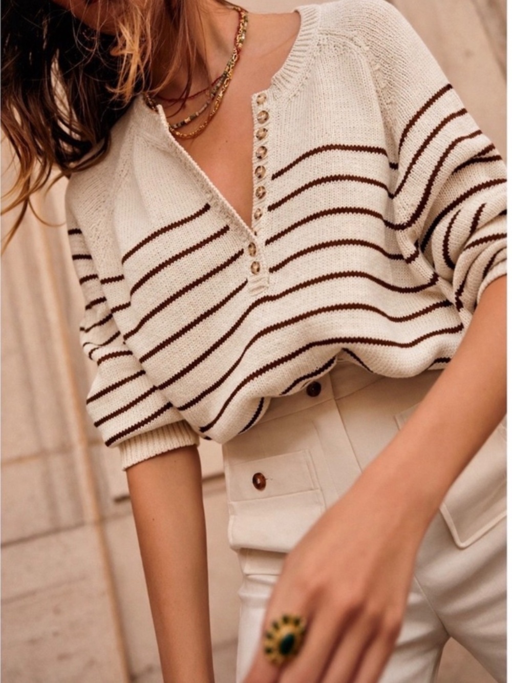Sezane LÉONTINE JUMPER Size Small Ecru/Brown stripes